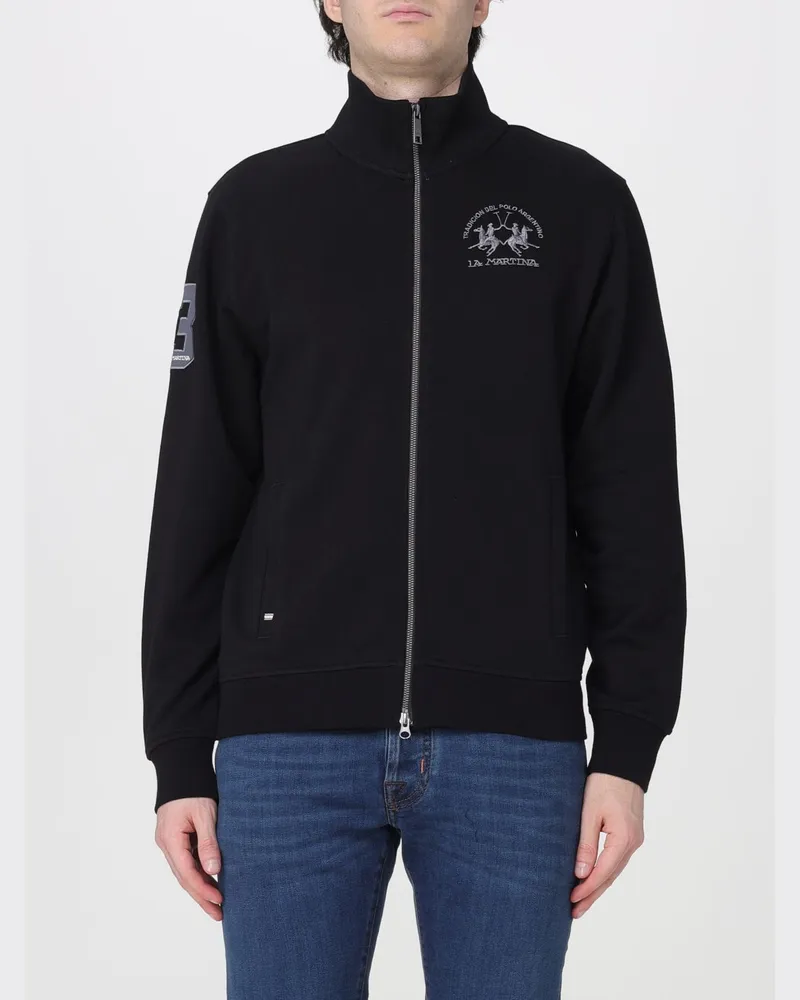 La Martina Rollkragen-Sweatshirt mit Reißverschluss und Kontrastlogo aus Baumwolle Schwarz