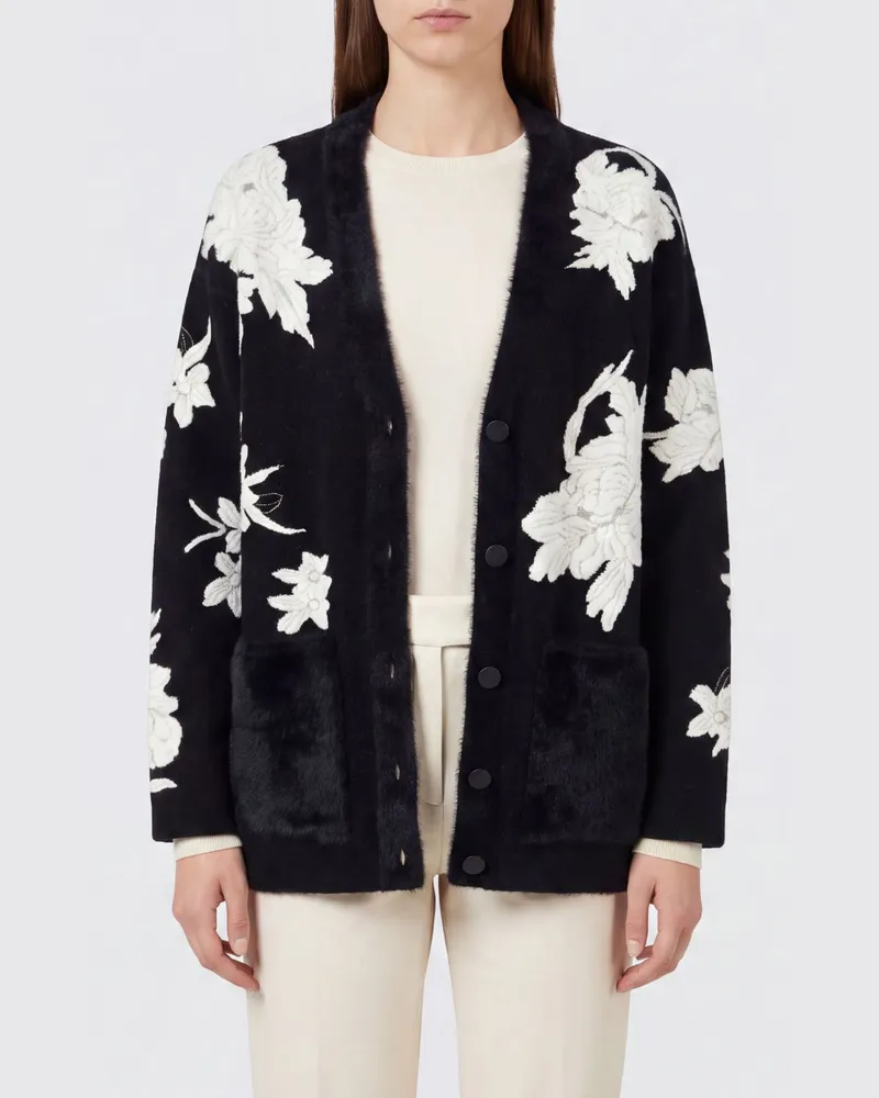 forte_forte V-Ausschnitt-Cardigan aus Baumwollmischung mit floraler Stickerei Schwarz