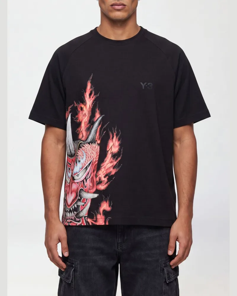 Y-3 Baumwoll-T-Shirt mit Rundhalsausschnitt, Grafik-Print und überschnittenen Schultern Schwarz