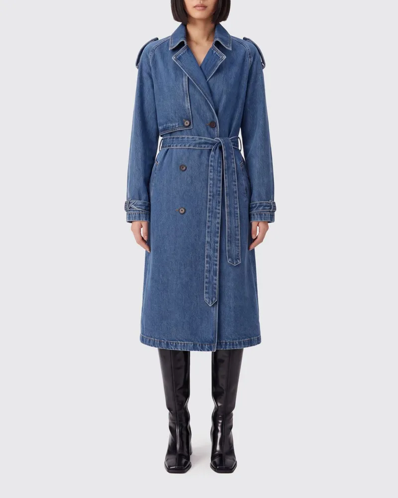 Anine Bing Langer Zweireiher-Trenchcoat aus Baumwolldenim mit Taillengürtel Blau