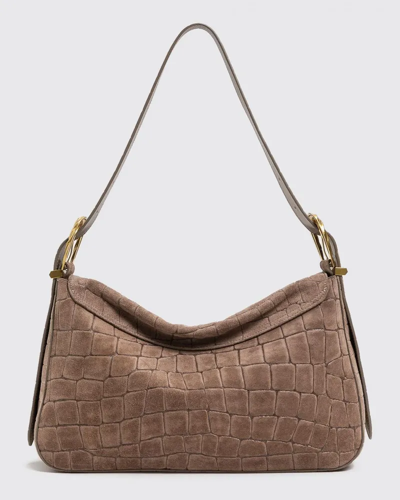 Twin-Set Schultertasche aus Veloursleder mit Animalier-Kroko-Prägung Taubengrau