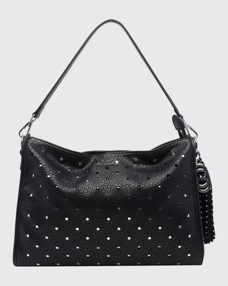LA CARRIE Bestickte Schultertasche aus Polyester mit Logo-Charm Schwarz