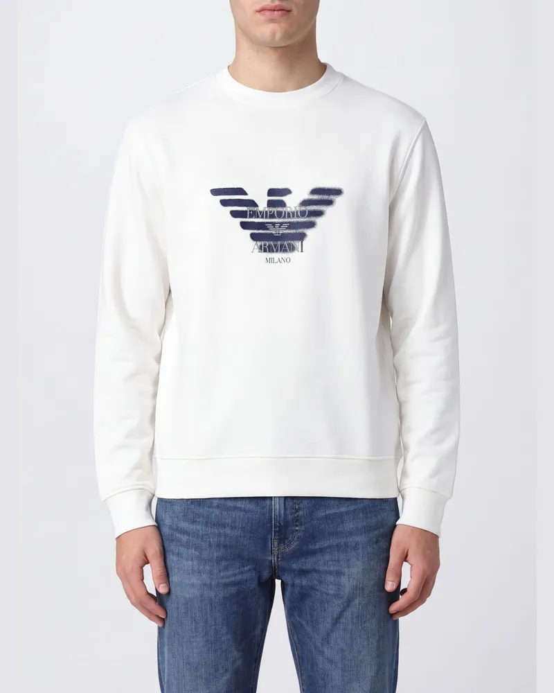 Emporio Armani Relaxed Fit Sweatshirt mit Rundhalsausschnitt, Monogramm und Adler-Logo Weiß