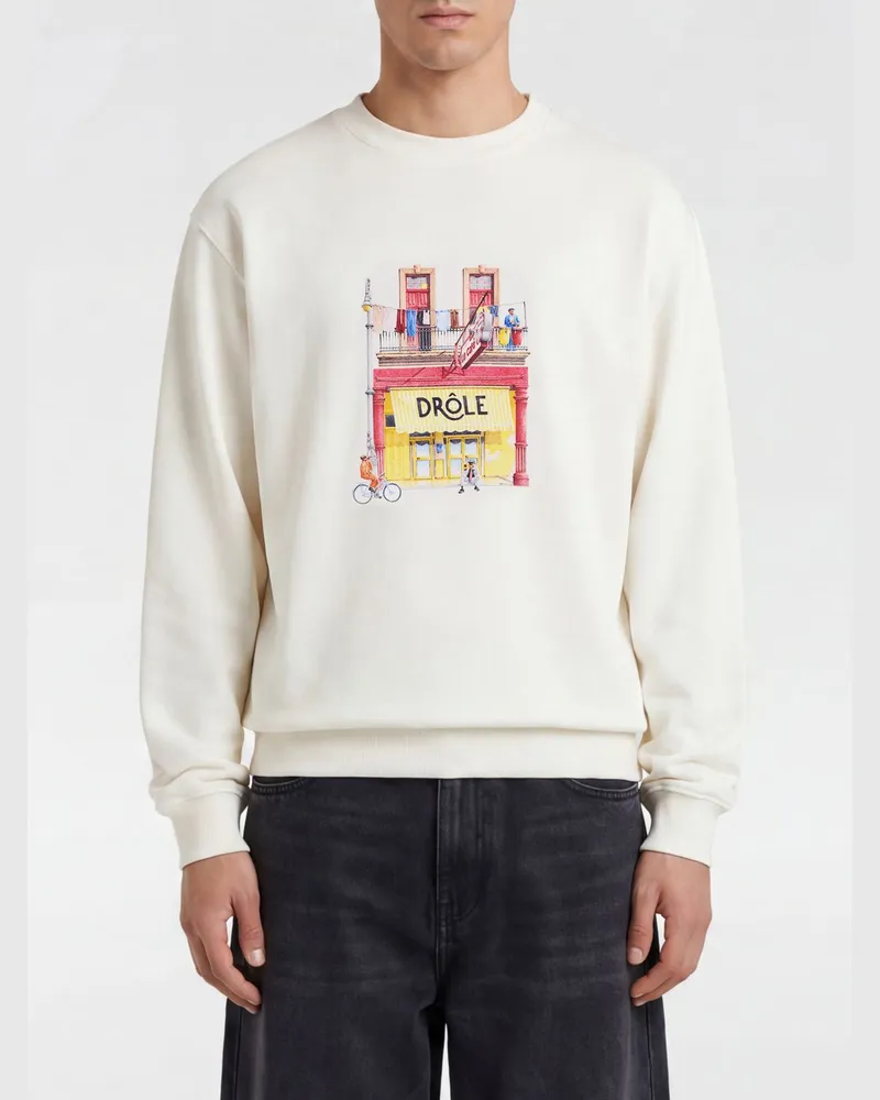 Drôle de Monsieur Baumwoll-Sweatshirt mit Rundhalsausschnitt, Grafikdruck und überschnittenen Schultern Beige