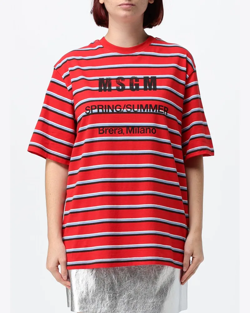 MSGM Gestreiftes Oversize-T-Shirt aus Baumwolle mit Logo-Print Rot