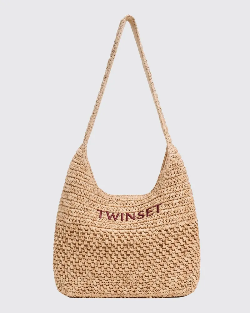 Twin-Set Umhängetasche aus gehäkelter Raffia mit geflochtenem Riemen und besticktem Logo Natural