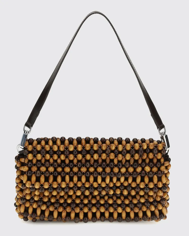STAUD Timmy Schultertasche aus Holzperlen mit abnehmbarem Ledergriff Braun