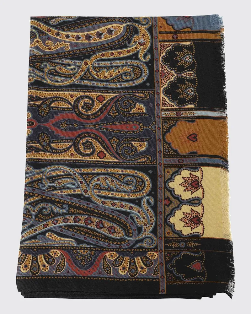 Etro Rechteckiger Schal aus Wolle und Seide mit Paisley-Print und Fransen Schwarz
