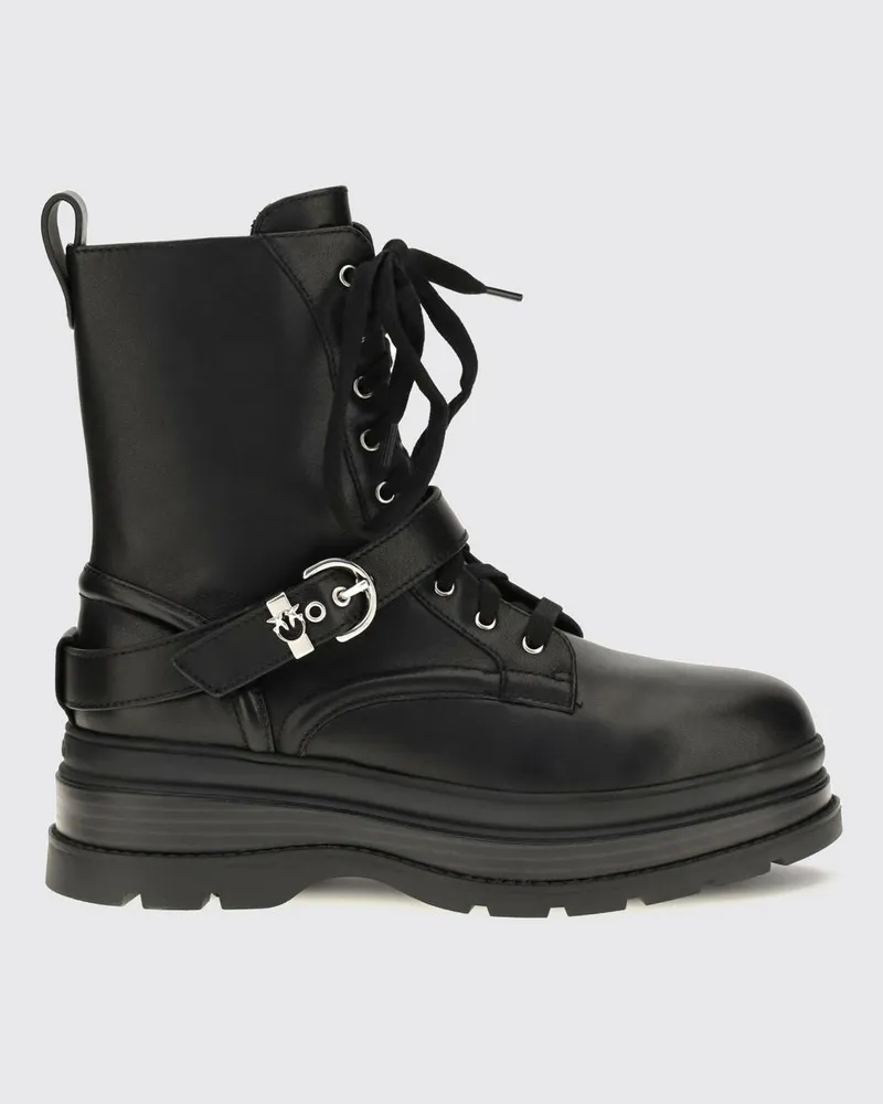 Pinko Eva Combat Boots aus Glattleder mit metallischem Love Birds-Logo und seitlichem Reißverschluss Schwarz