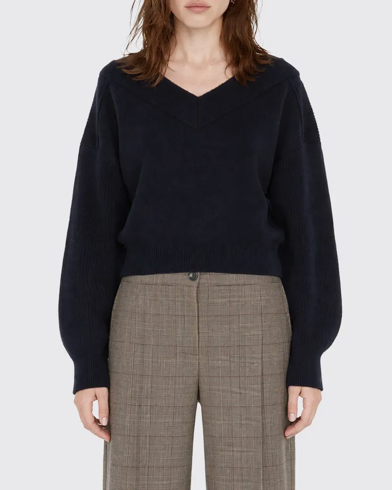 Pinko Pullover aus reiner Wolle von mit V-Ausschnitt und überschnittenen Schultern Blau