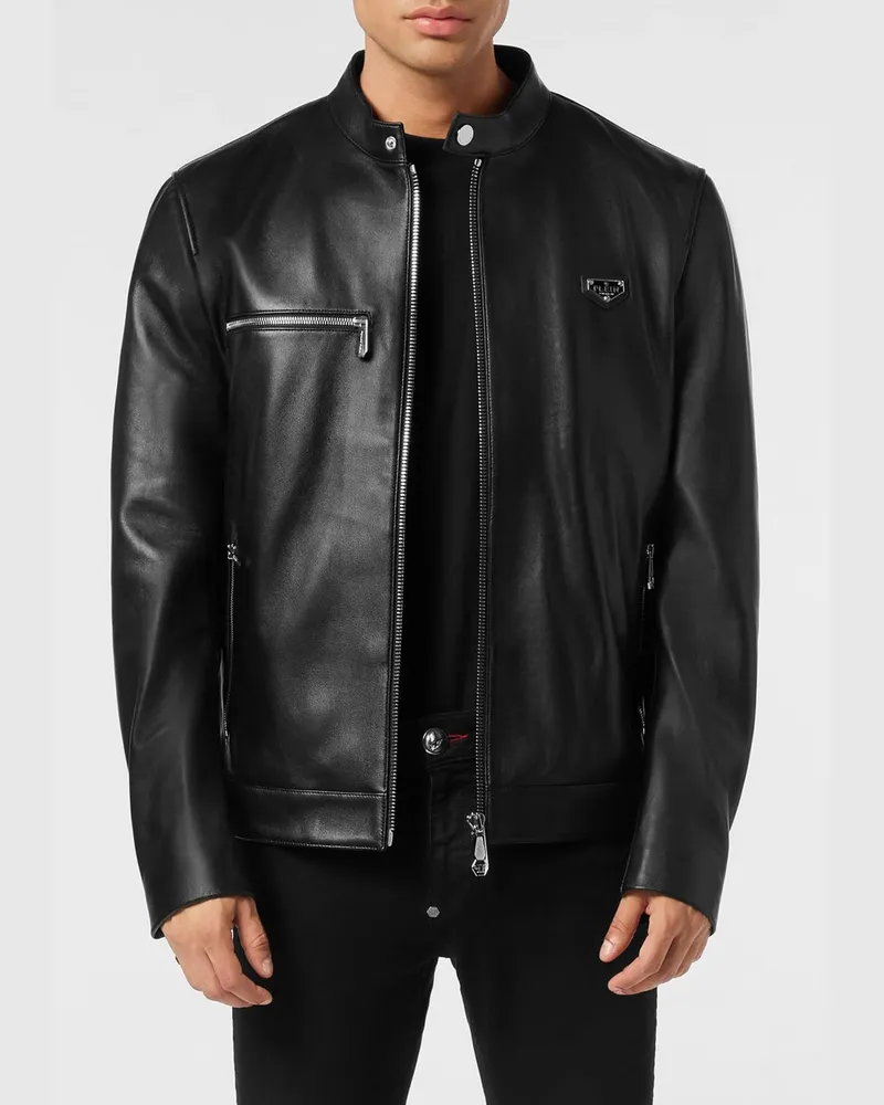 Philipp Plein Lederjacke in Relaxed Fit mit hohem Kragen und Reißverschlussdetails Schwarz