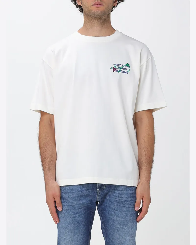 Drôle de Monsieur T-Shirt aus Baumwolle mit Slogan-Print und überschnittenen Schultern Weiß