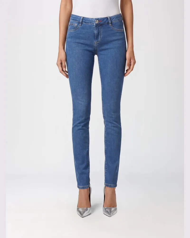 Philipp Plein Cropped Skinny-Jeans aus Stretch-Denim mit Hexagon-Logo Blau