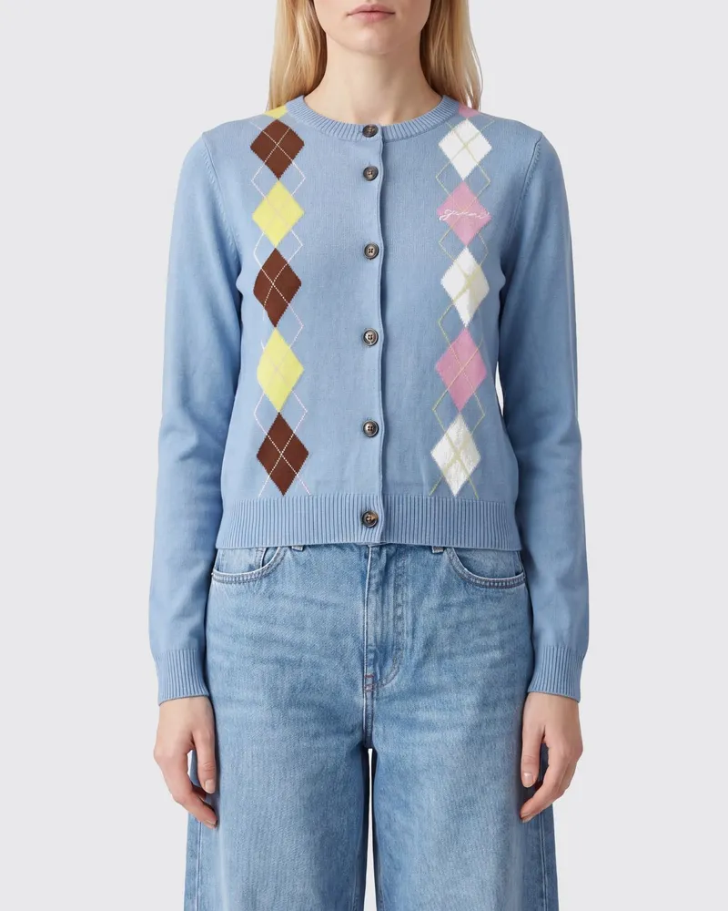 Ganni Slim-Fit-Cardigan aus Baumwolle mit Argyle-Muster Hellblau