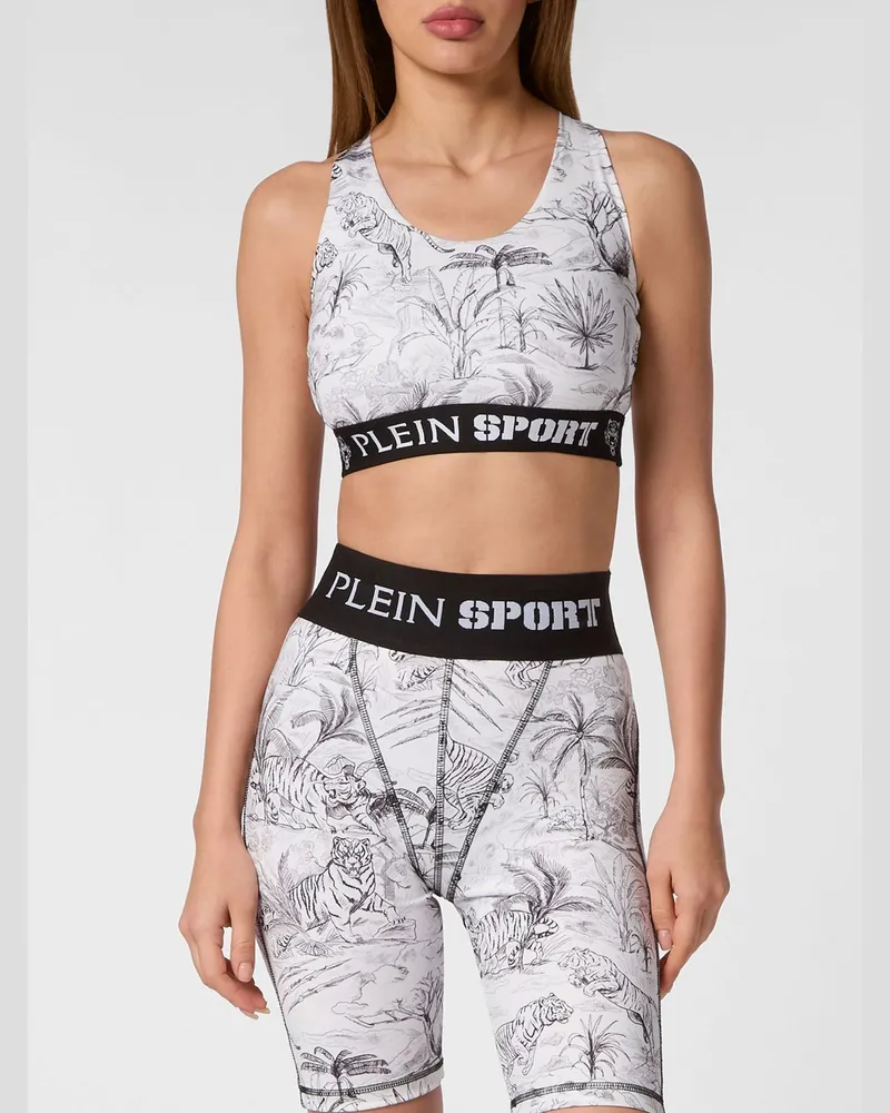 Philipp Plein Gekürztes Sport-Top aus Jersey mit tropischem Print und gekreuzten Trägern Weiß