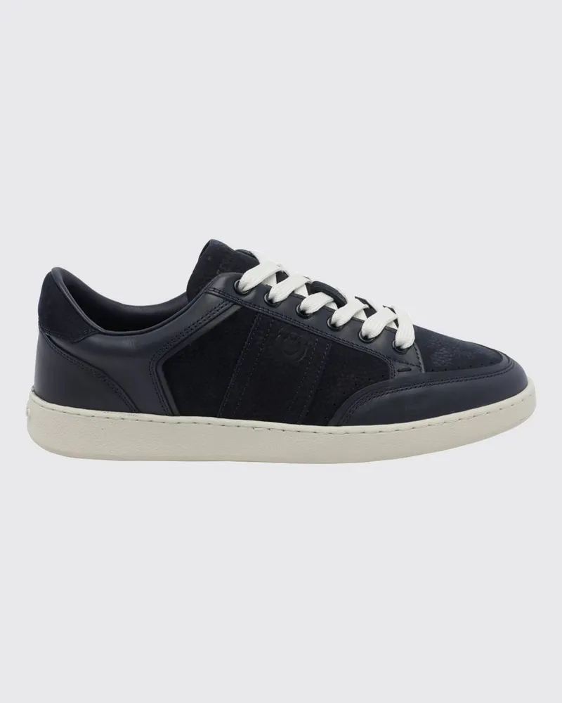 Ferragamo Low-Top-Sneaker aus Kalbsleder und Nubuk mit Gancini-Logo Blau