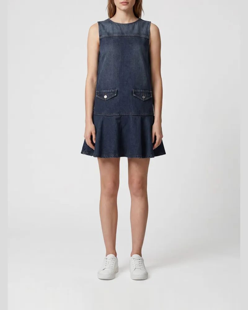 Ganni Ärmelloses A-Linien-Minikleid aus Baumwolldenim mit Rüschen Denim