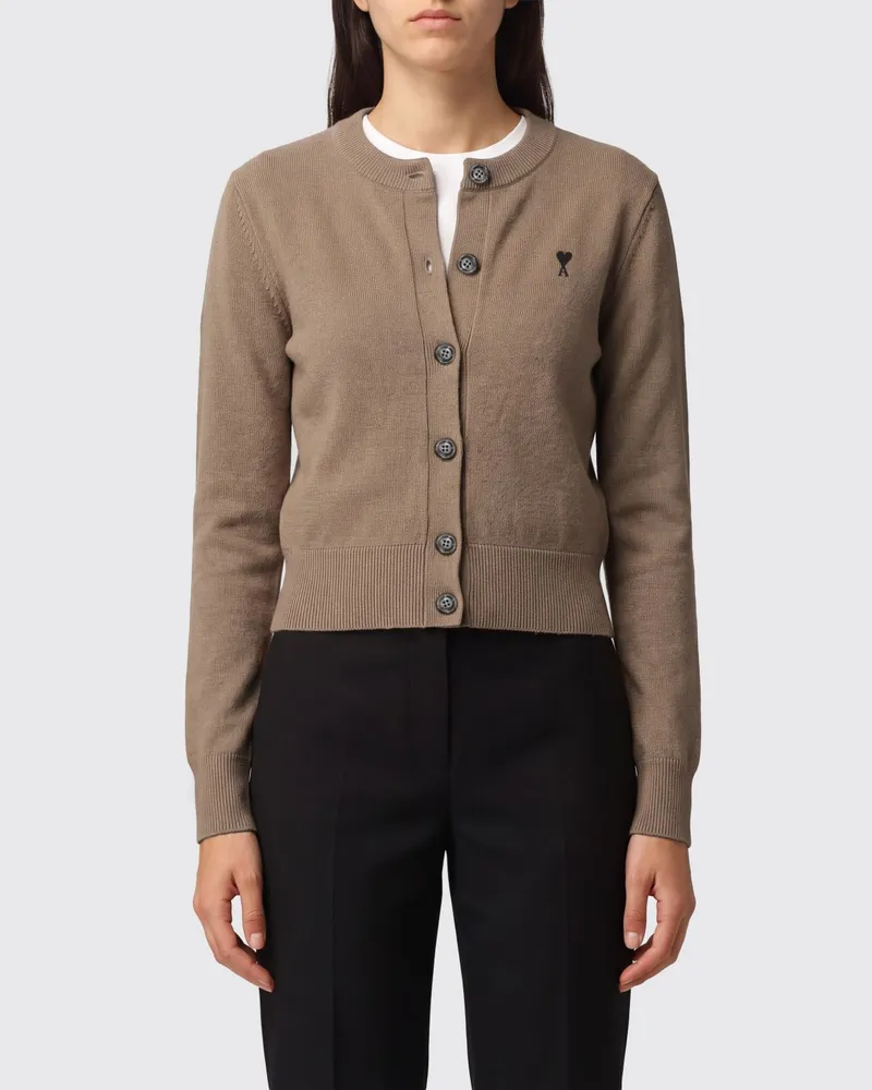 AMI Paris Rundhals-Cardigan aus reiner Merinowolle mit gesticktem Logo Camel