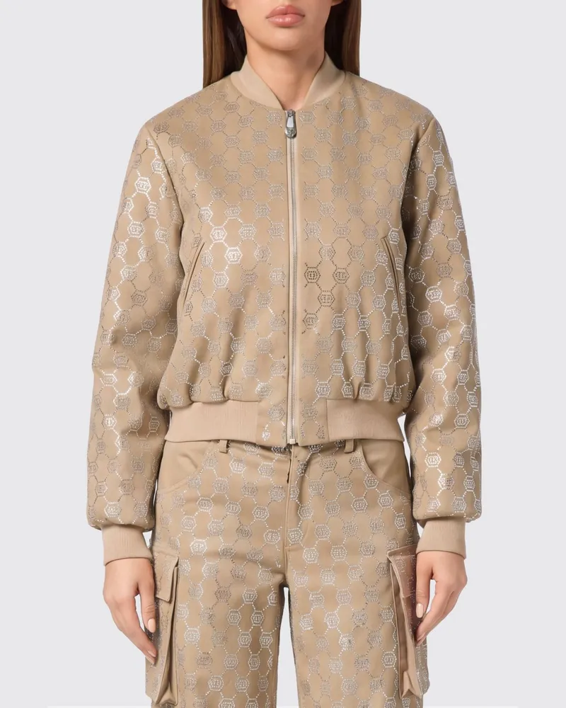 Philipp Plein PP Monogramm Strass Bomberjacke aus Wollmisch-Gabardine Beige
