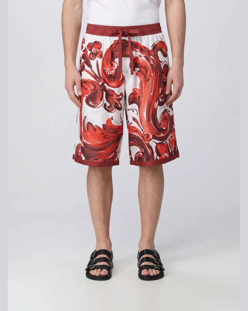Dolce & Gabbana DOLCE  GABBANA Knielange Seidenshorts Dolce & Gabbana mit Majolika-Print und Kordelzug Rot