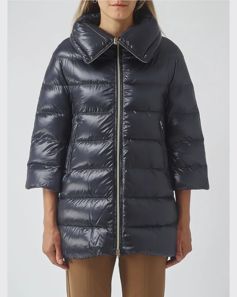 Herno Langer Daunenmantel aus gestepptem Nylon mit Trichterkragen und Reißverschluss Navy
