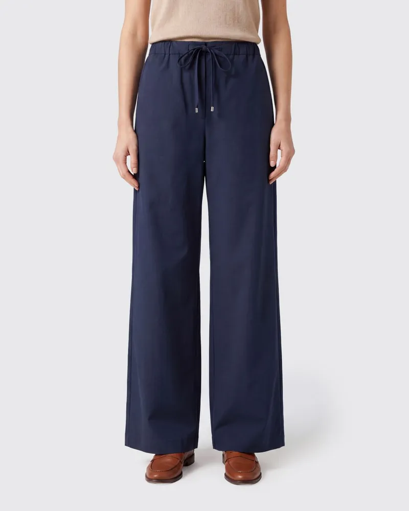 Max Mara Weit geschnittene Baumwollhose mit elastischem Kordelzugbund Blau