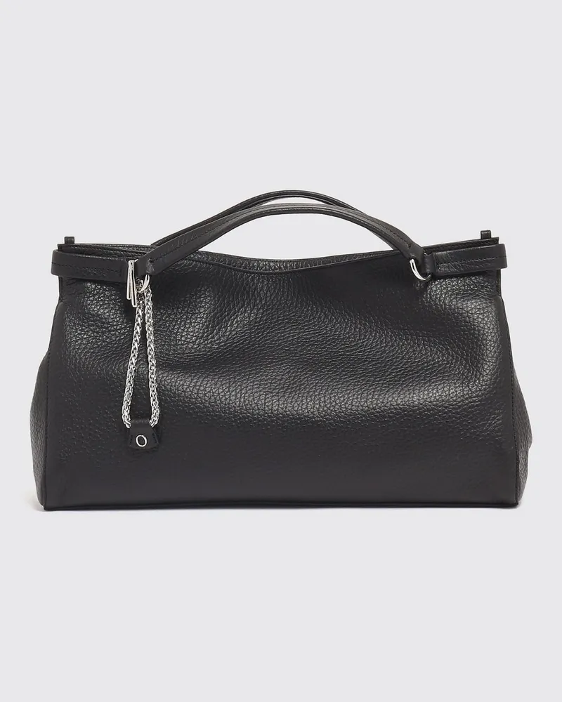Orciani Virgo Handtasche aus genarbtem Leder mit doppeltem Henkel und Anhänger Schwarz