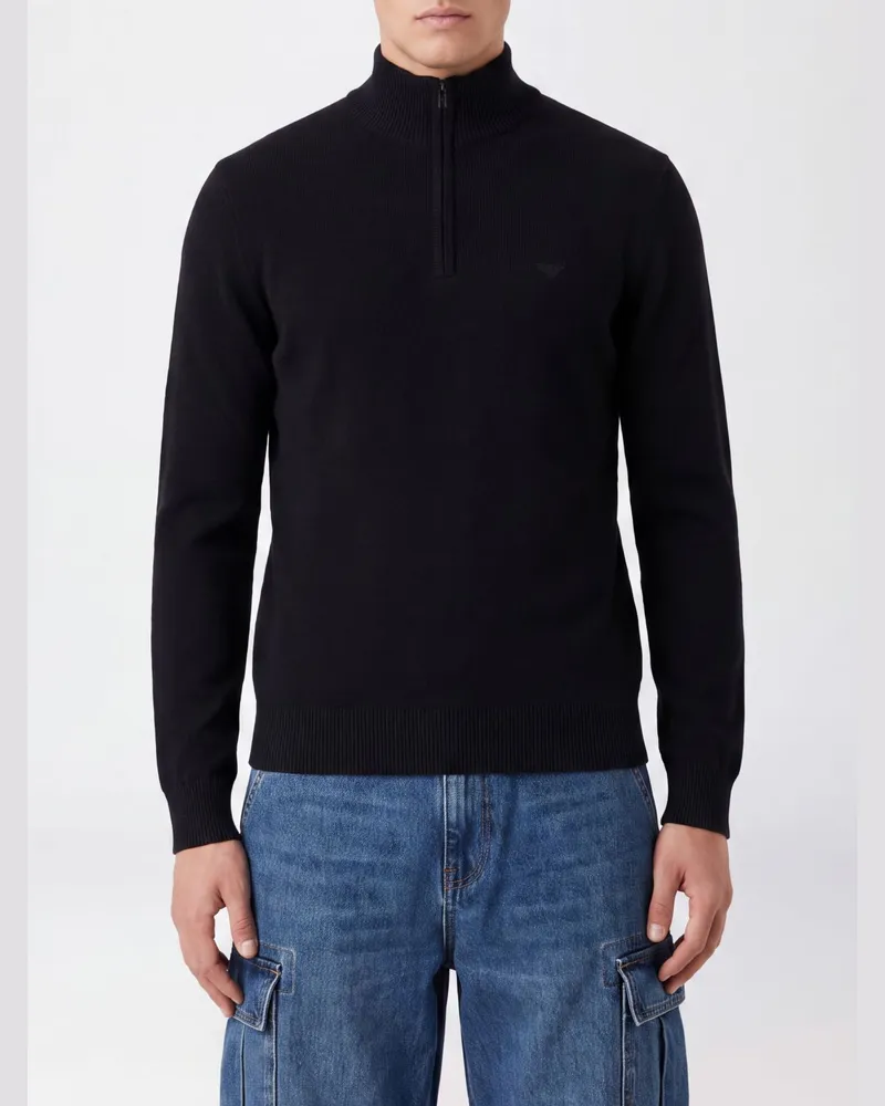 Emporio Armani Rollkragenpullover von aus Baumwolle mit halbem Reißverschluss Schwarz