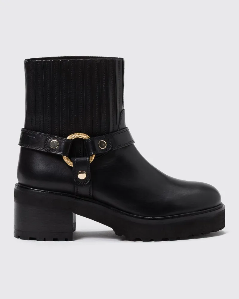 Twin-Set Chelsea-Biker-Stiefeletten aus Glattleder mit elastischem Knöchel und Ring Schwarz
