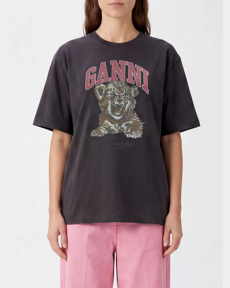 Ganni Baumwoll-T-Shirt mit Rundhalsausschnitt mit frontalem Maxi-Logo Charcoal