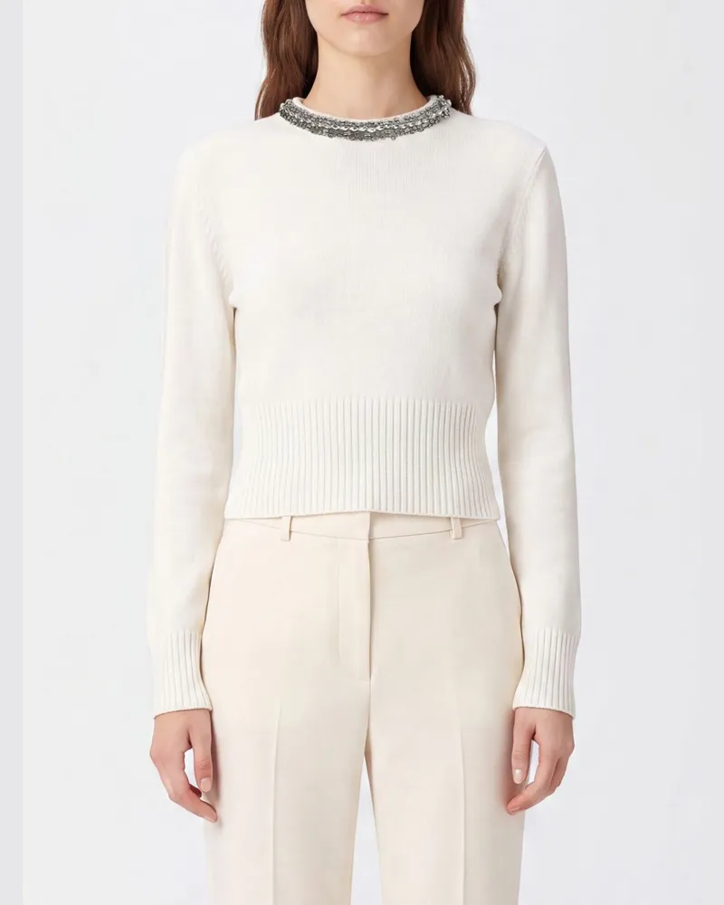 Pinko Barlino Slim Fit Pullover aus Wollmischung mit Stickerei und Strass Weiß