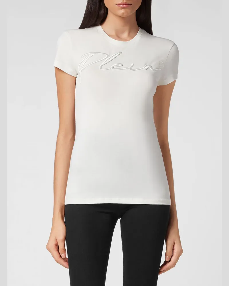 Philipp Plein Slim-Fit Jersey-T-Shirt mit Rundhalsausschnitt und Ton-in-Ton-Logostickerei Ivory