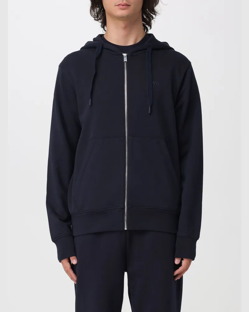 HUGO BOSS Herren-Kapuzen-Sweatjacke aus Baumwolle mit Reißverschluss und Kordelzug Blau
