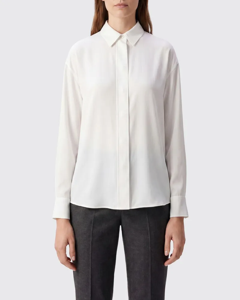 Calvin Klein Seidenbluse von mit Rüschen und verdeckter Knopfleiste Weiß