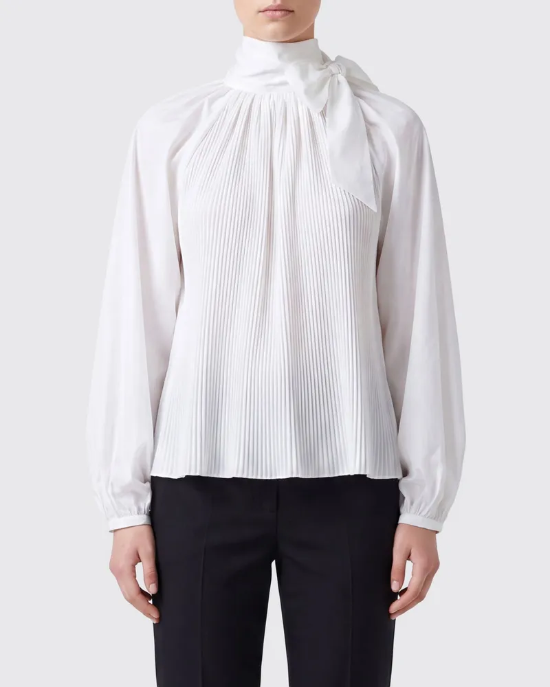 Max Mara Plissierte Seidenmischbluse von mit Schalkragen und langen Ärmeln Weiß