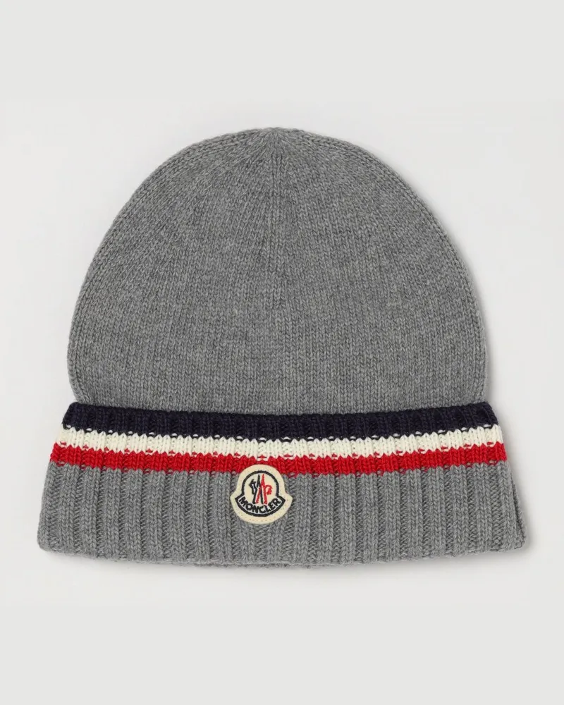 Moncler Mehrfarbig gestreifte Beanie-Mütze für Jungen aus Wolle und Kaschmir Grau