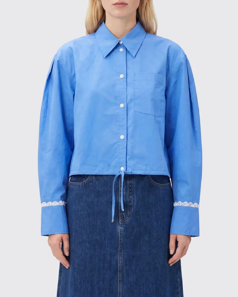 Ganni Baumwollbluse mit Ballonärmeln und Kordelzug am Saum Marine