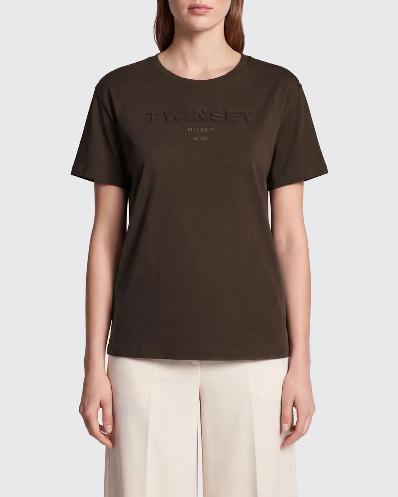 Twin-Set Baumwoll-T-Shirt mit überschnittenen Schultern und gesticktem Logo Braun