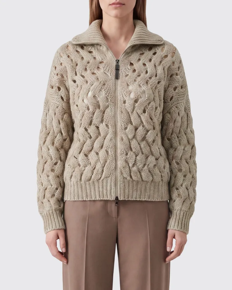 Brunello Cucinelli Cardigan aus Mohairwolle in Lochstrick mit Reißverschluss Beige