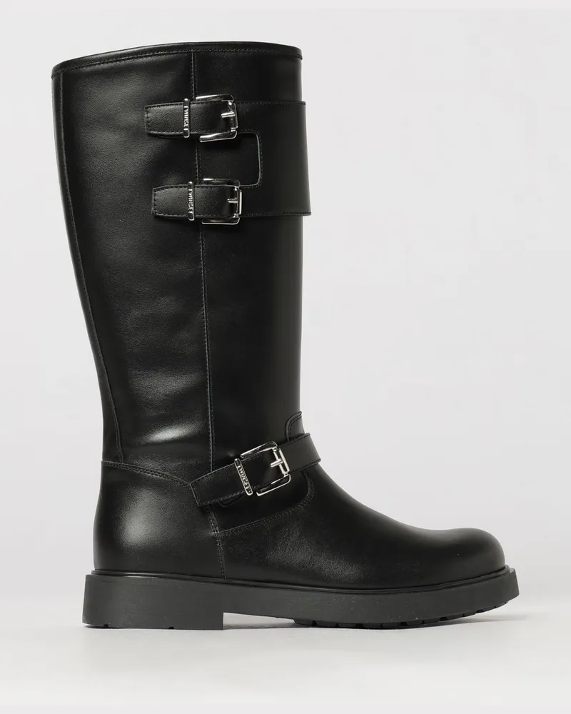 Twin-Set Mädchen-Bikerstiefel aus Glattleder mit seitlichem Reißverschluss und Riemen Schwarz