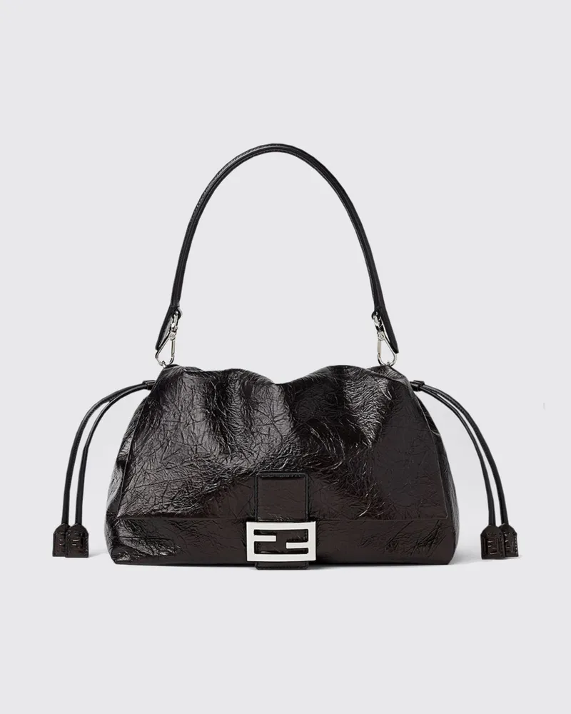 Fendi Große Baguette Schultertasche von aus Leder in Knitteroptik Schwarz