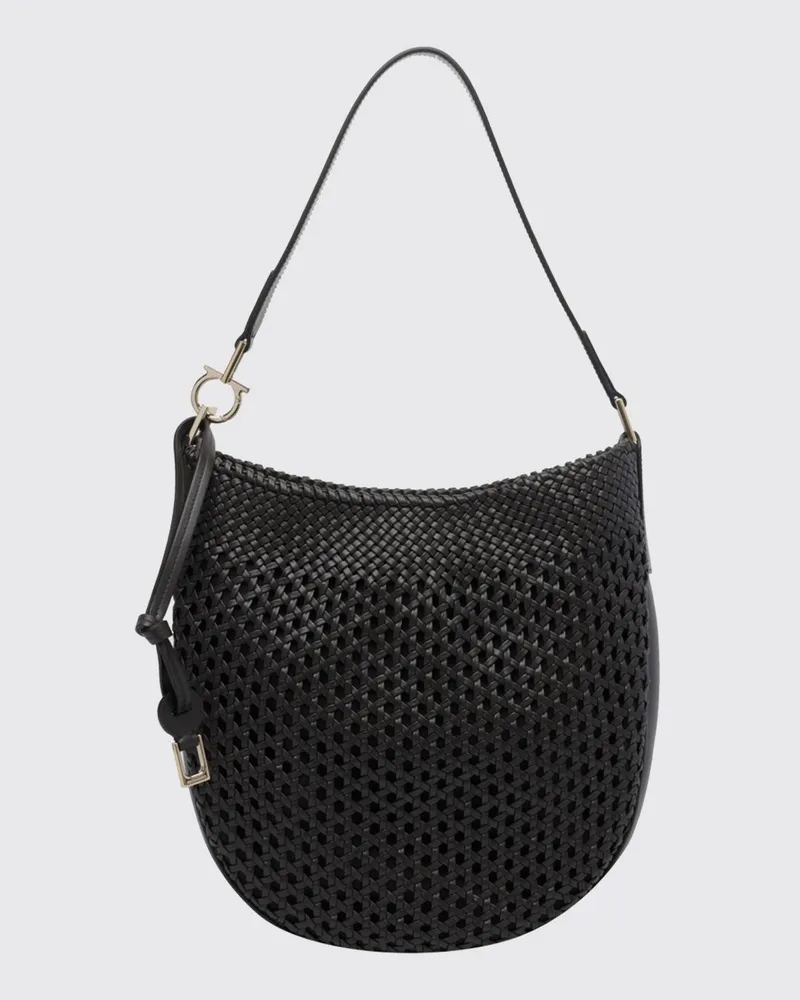 Ferragamo Mittelgroße Hobo-Tasche aus geflochtenem Kalbsleder mit Logo-Schulterriemen Braun
