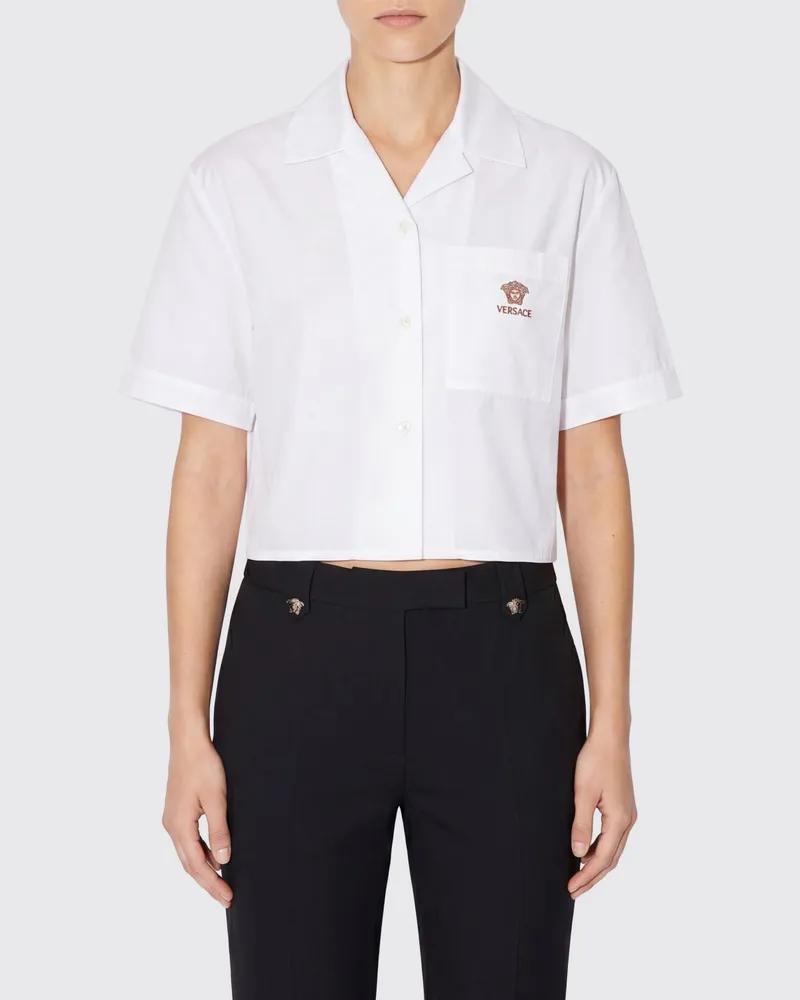 Versace Cropped-Hemd aus Baumwolle mit kurzen Ärmeln und Medusa-Logo Weiß
