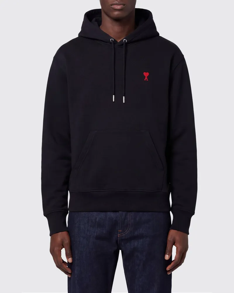 AMI Paris Baumwoll-Hoodie mit gesticktem Logo und Kängurutasche Schwarz