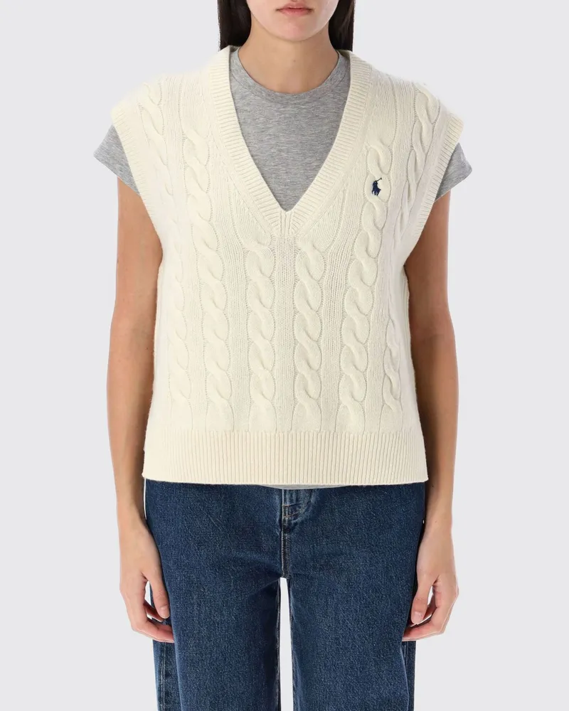 Ralph Lauren Kurzärmeliger Zopfstrickpullover mit V-Ausschnitt von aus Wolle und Kaschmir Weiß