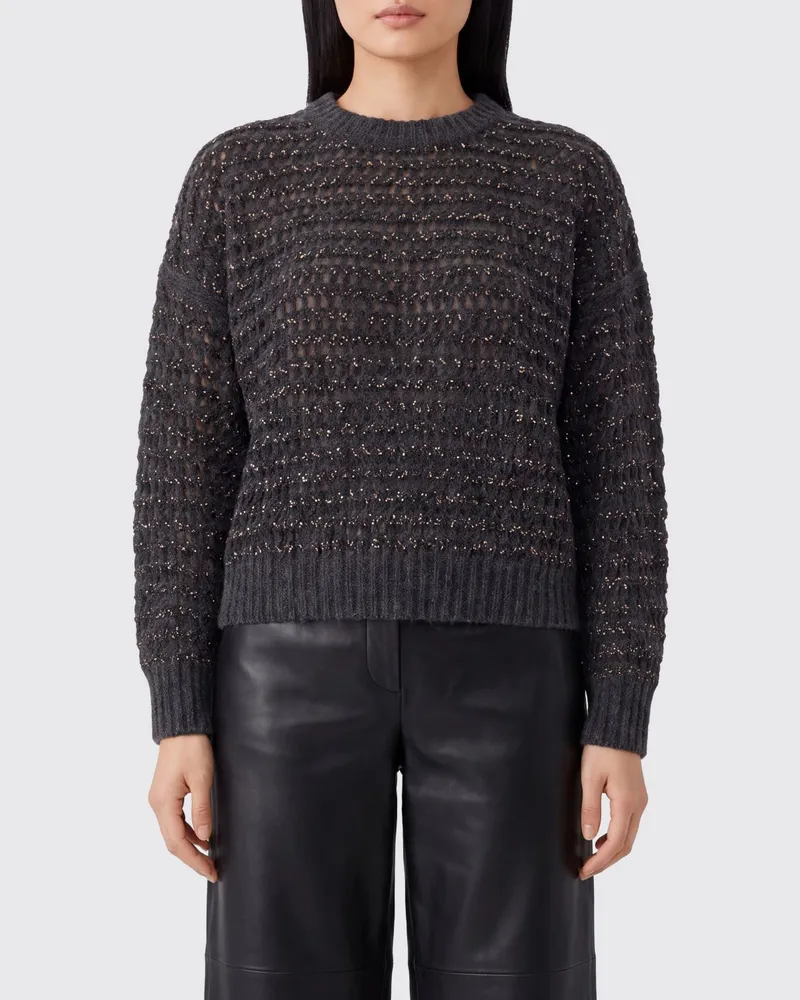 Brunello Cucinelli Ajour-Pullover mit Rundhalsausschnitt aus Wolle und Kaschmir Grau