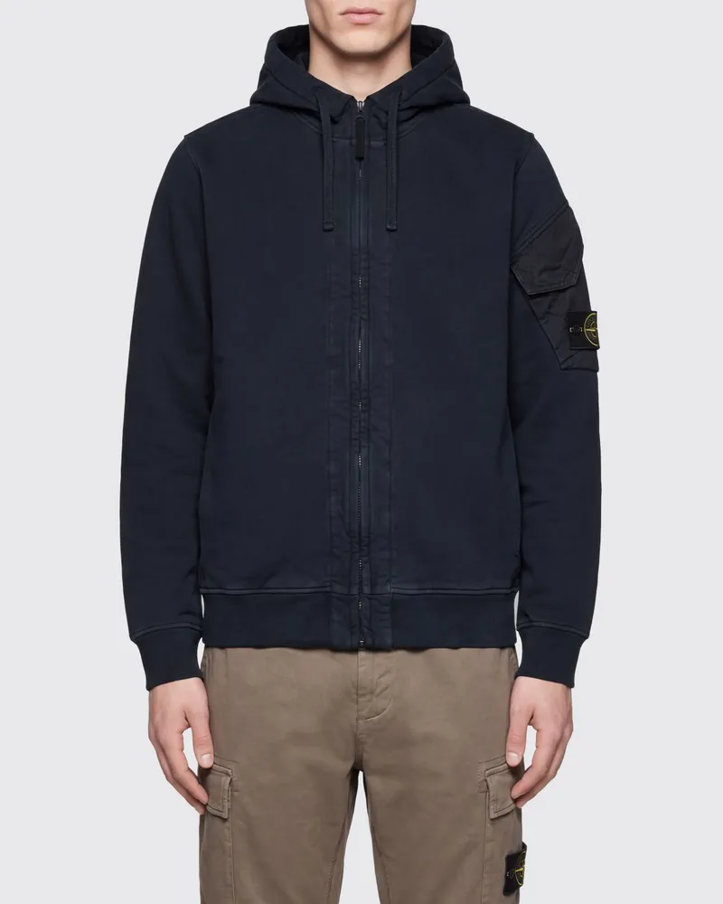 Stone Island Baumwoll-Kapuzenjacke mit Reißverschluss, Kordelzug und Kompass-Logo Navy