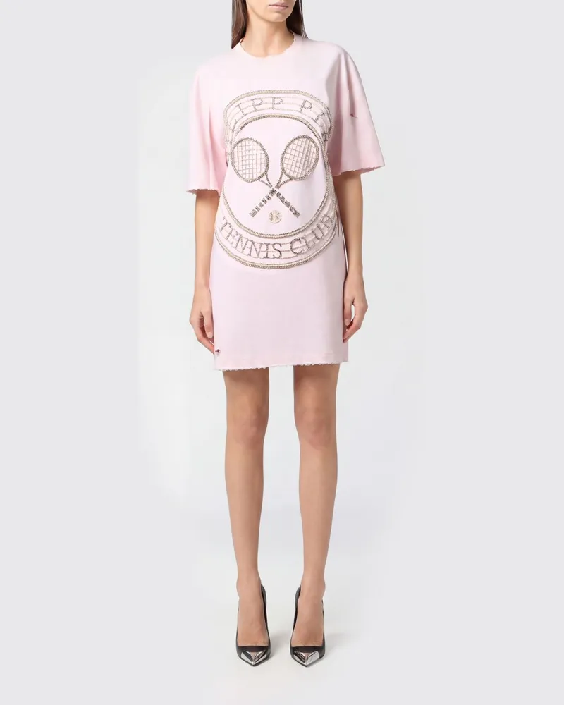 Philipp Plein Tennis Club Baumwoll-Etuikleid von in Minilänge mit Strass-Logo Fuchsia