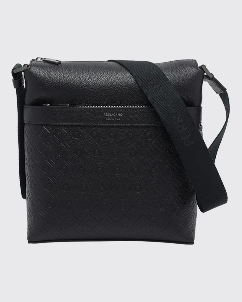 Ferragamo Messenger-Tasche aus genarbtem Kalbsleder mit Gancini-Logo Schwarz
