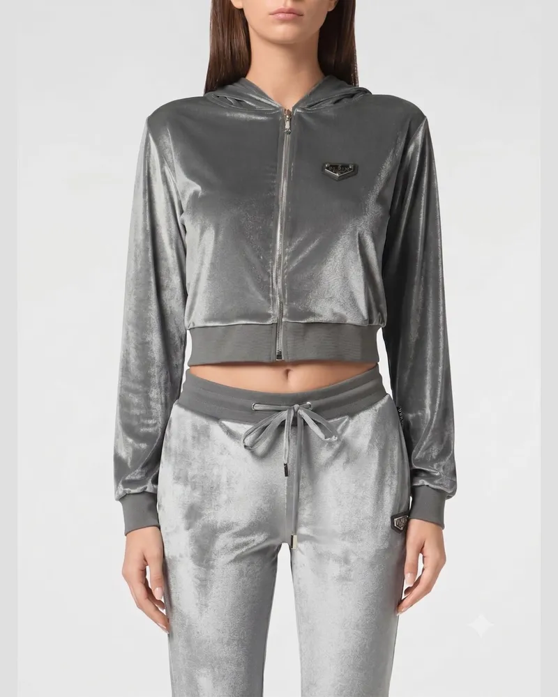 Philipp Plein Cropped-Samt-Kapuzenjacke mit Reißverschluss und Totenkopf-Strass Grau